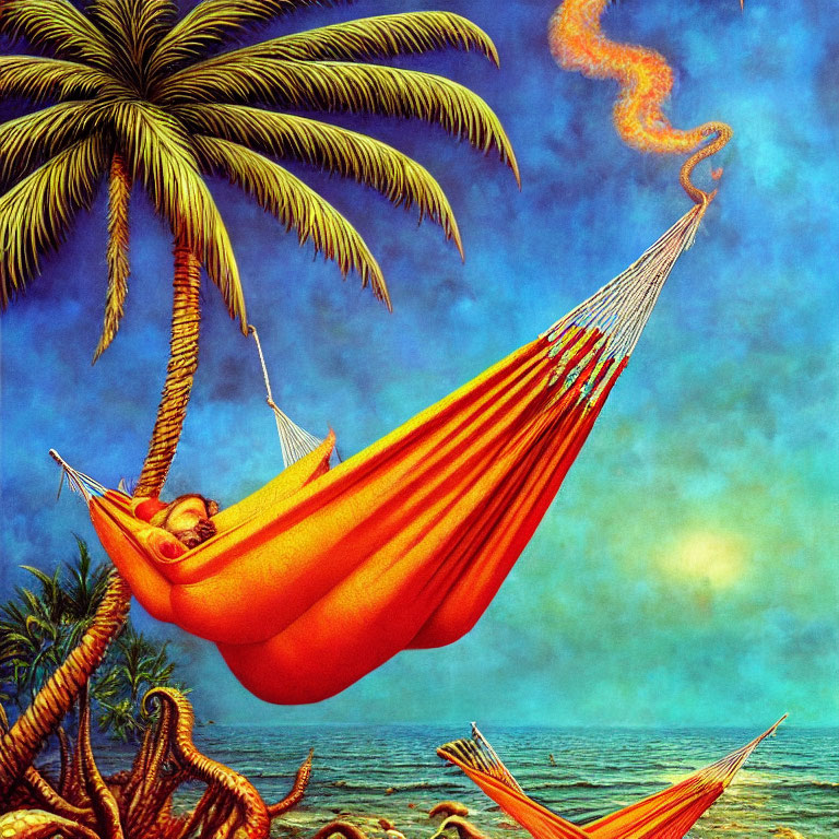 Person relaxing in orange hammock on beach with whimsical smoke trail