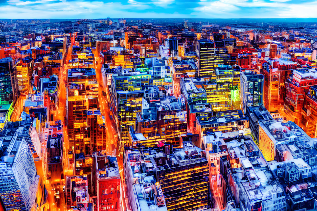 Bustling cityscape at dusk with illuminated streets and skyscrapers