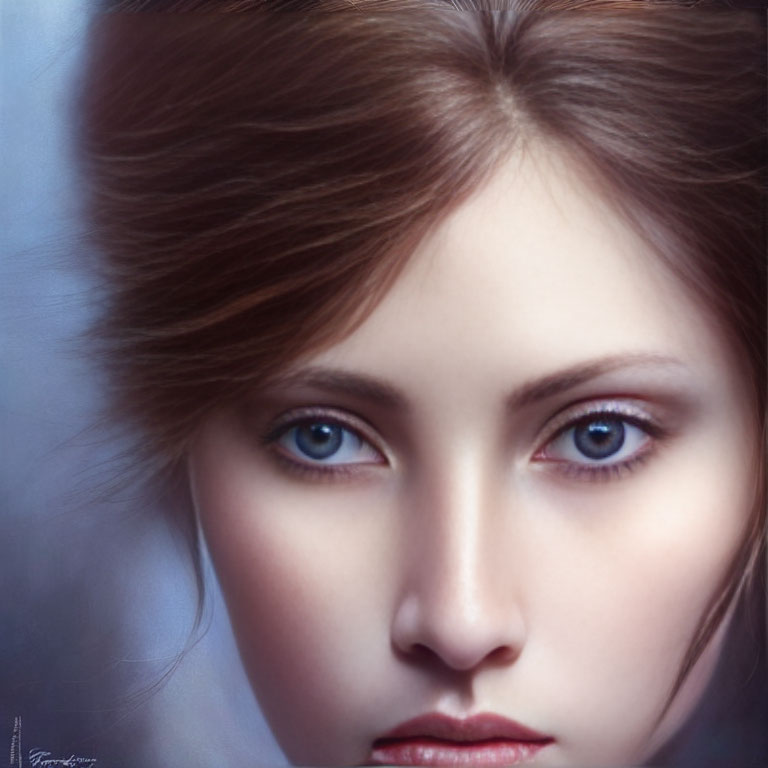 Woman with Deep Blue Eyes and Brown Hair in Close-up Shot