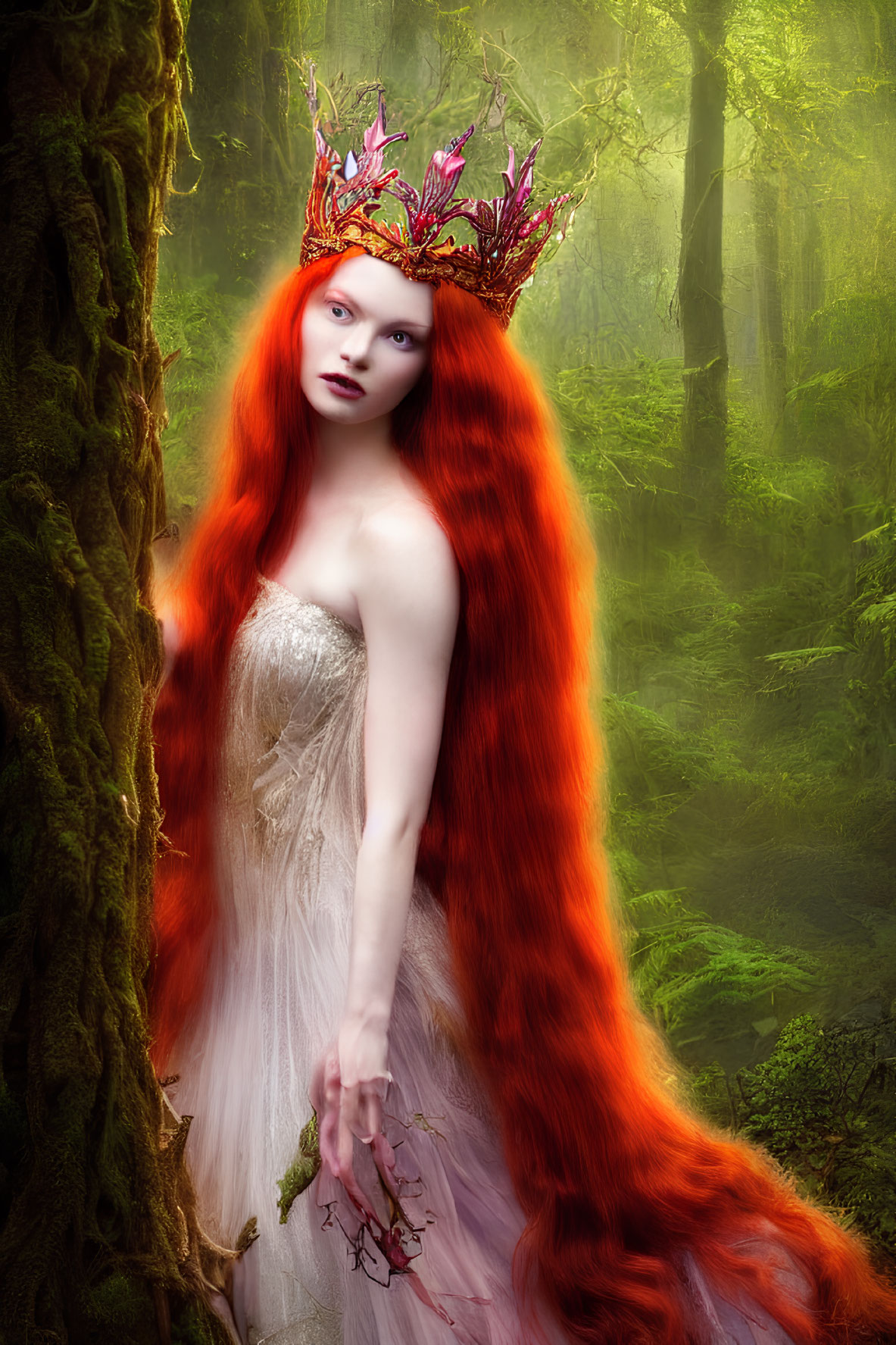 Red-haired woman in crown in misty forest: mystical and fairy-tale ambiance