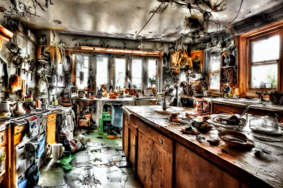 Abandoned kitchen with scattered utensils and peeling paint