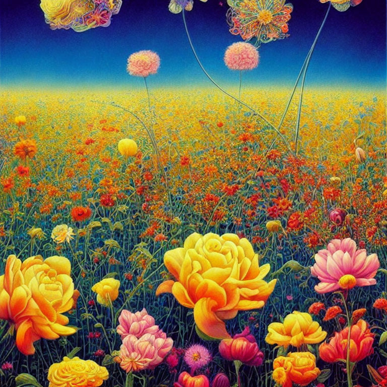 Detailed illustration of vibrant oversized flowers in lush field