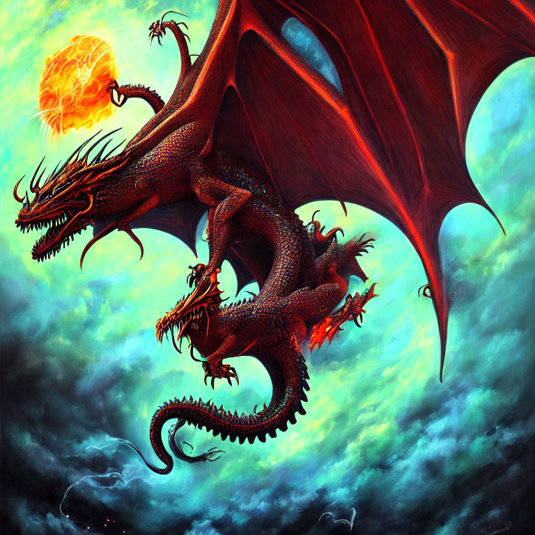 Majestic multi-headed red dragon soaring under fiery sky