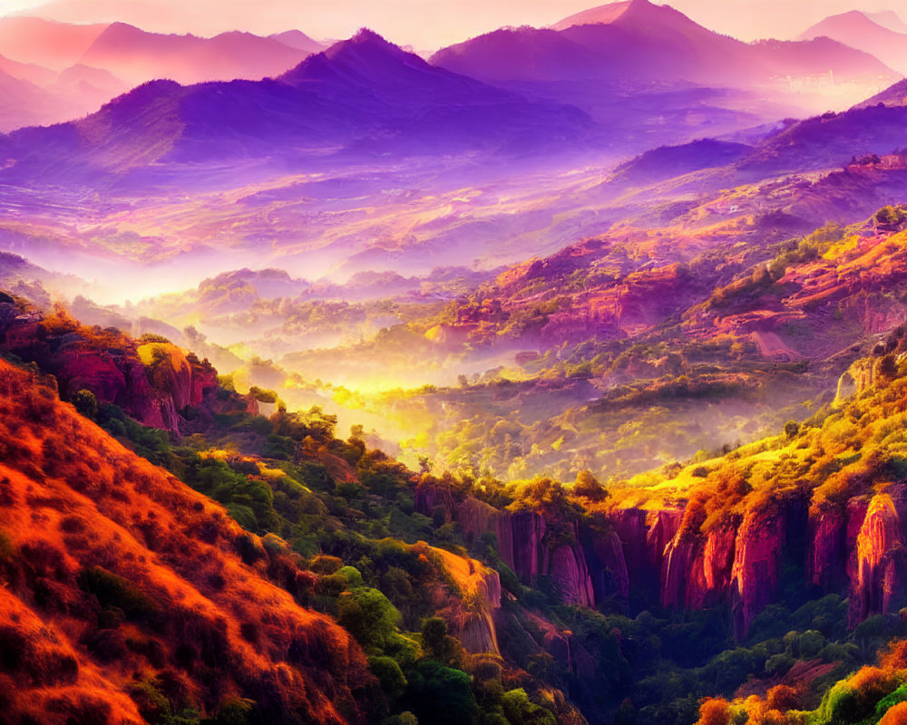 Scenic landscape with rolling hills and mist-filled valleys in warm purple and orange light