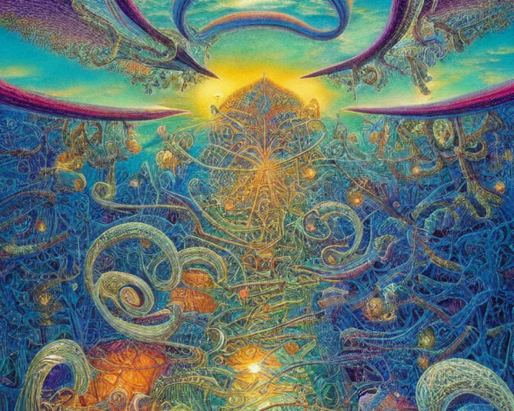 Colorful psychedelic tapestry with celestial motifs and glowing ring above tree-like structure