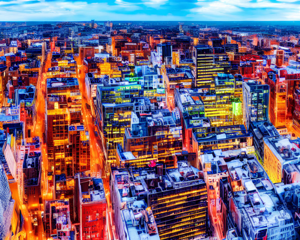 Bustling cityscape at dusk with illuminated streets and skyscrapers