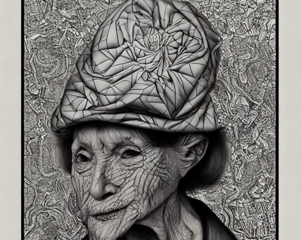 Detailed black and white drawing of elderly woman with textured hat and abstract background