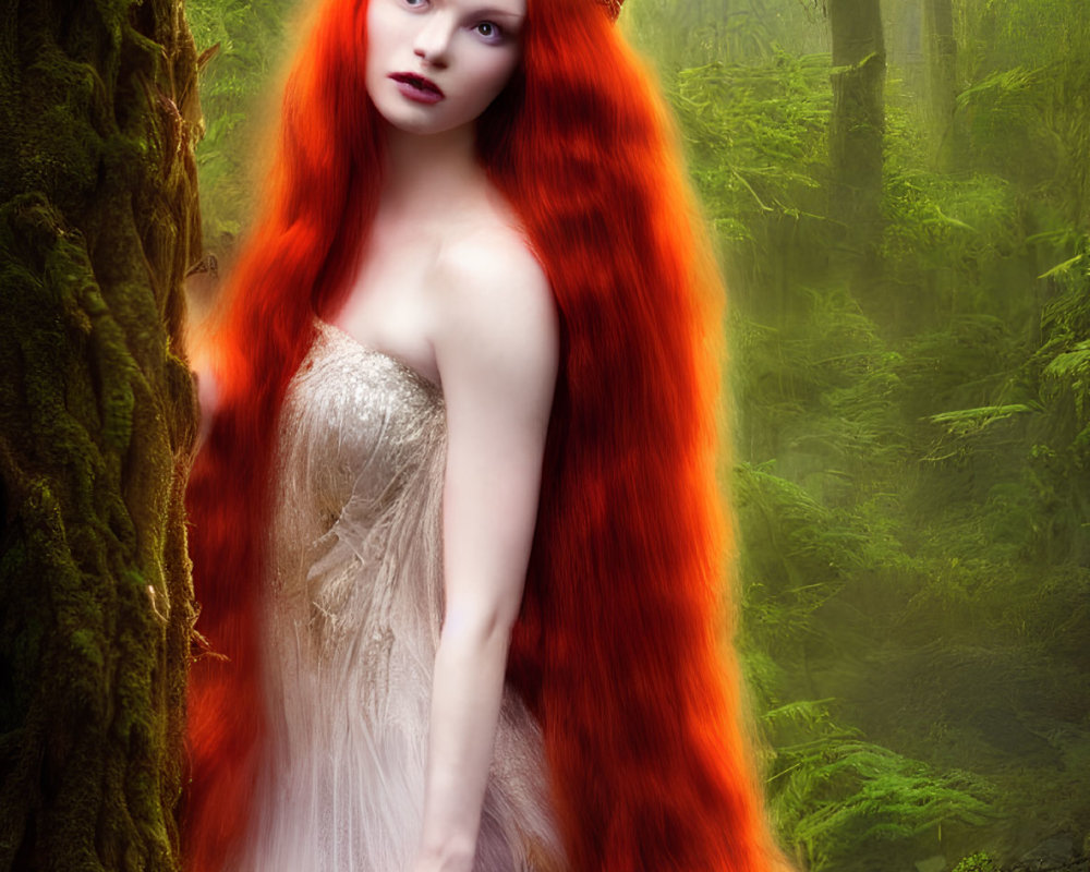 Red-haired woman in crown in misty forest: mystical and fairy-tale ambiance