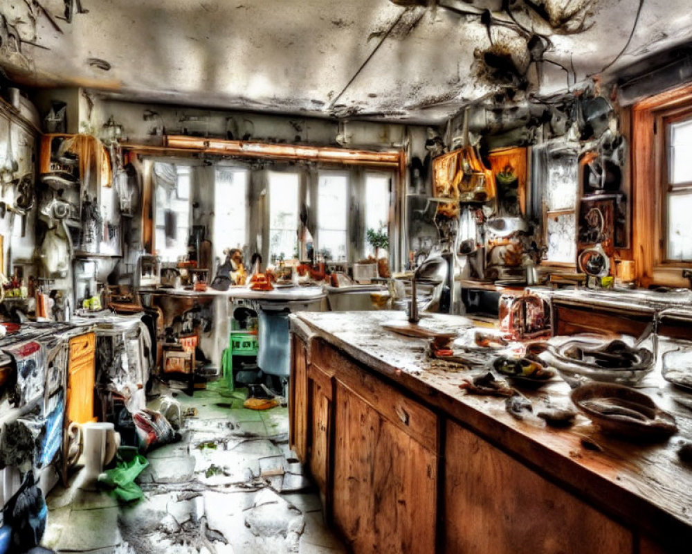 Abandoned kitchen with scattered utensils and peeling paint