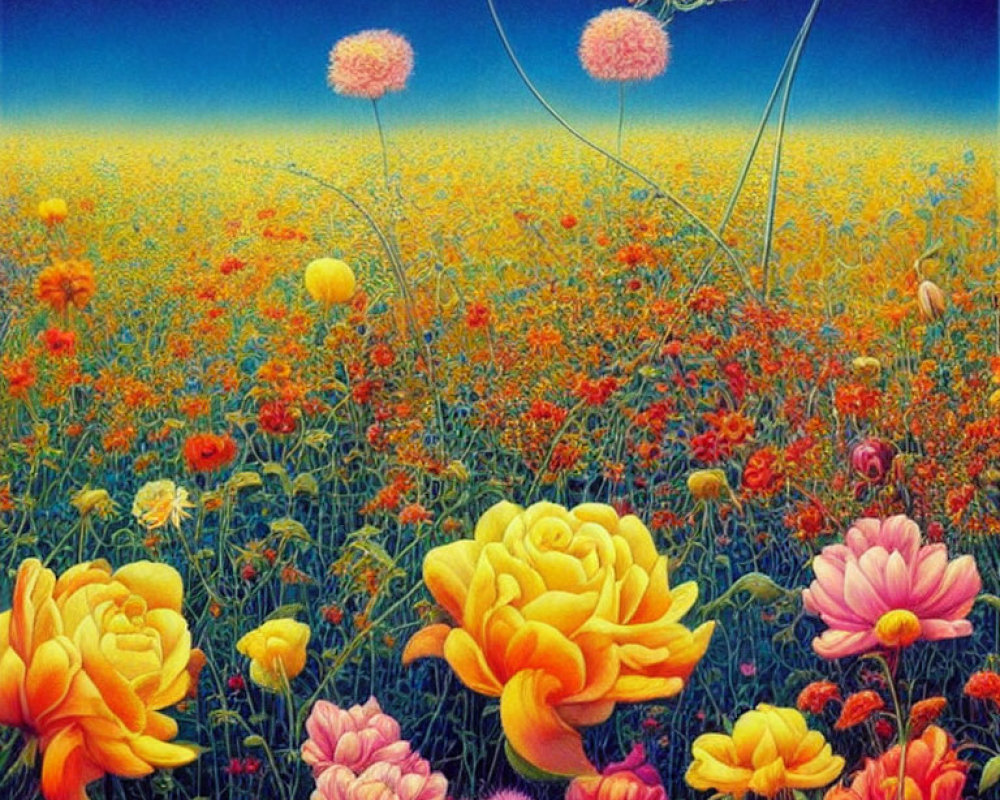 Detailed illustration of vibrant oversized flowers in lush field