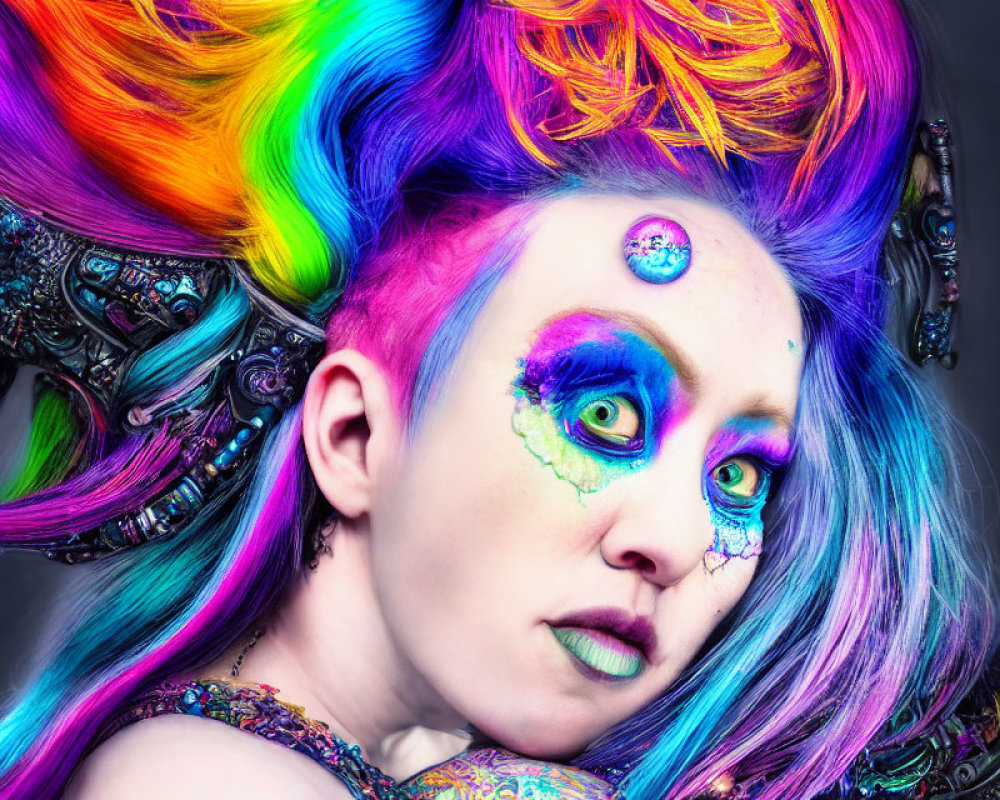 Rainbow-Colored Hair and Colorful Makeup with Gemstone Detail on Forehead