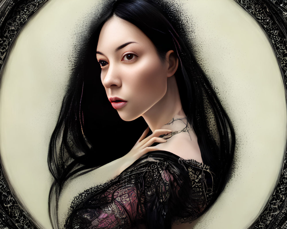 Digital portrait of woman with black hair in circular frame