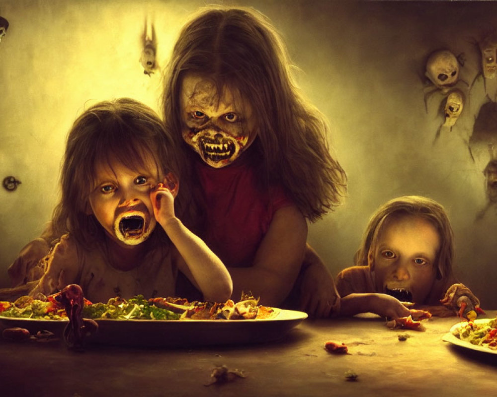 Distorted monstrous faces of three eerie children around a spooky table.