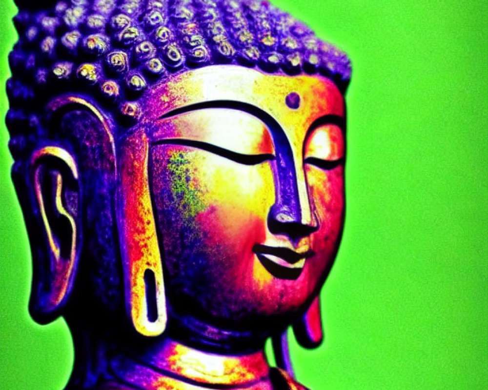 Vibrant Buddha statue with purple and green background