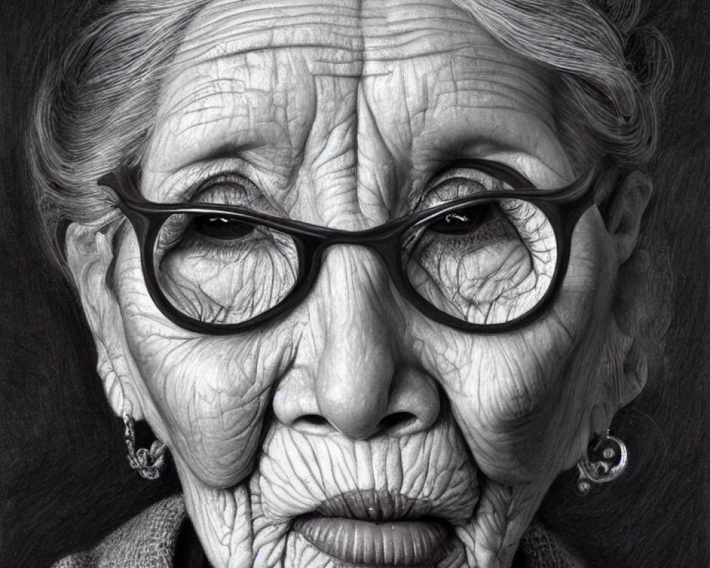 Detailed Black and White Drawing of Elderly Woman with Glasses and Thoughtful Expression