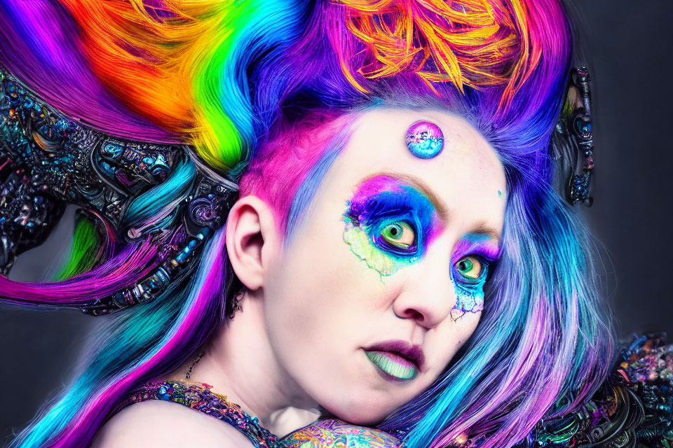 Rainbow-Colored Hair and Colorful Makeup with Gemstone Detail on Forehead