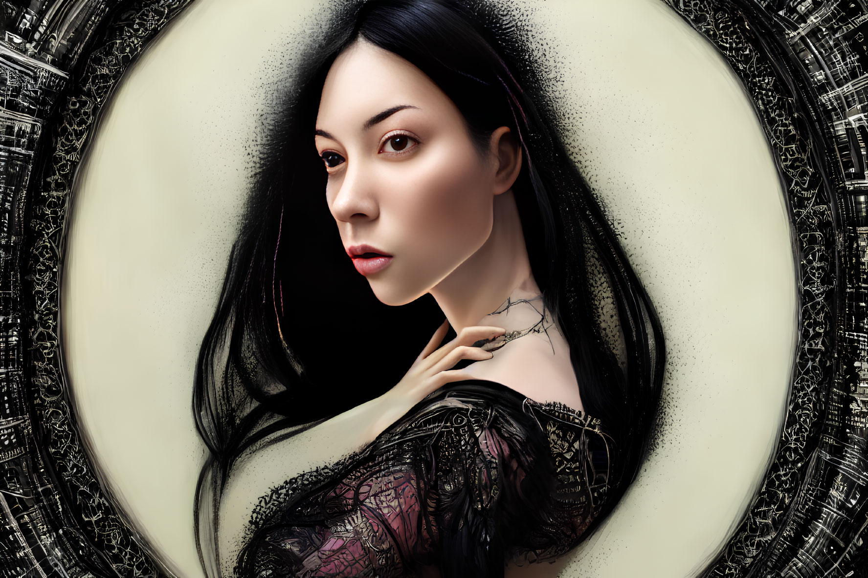 Digital portrait of woman with black hair in circular frame