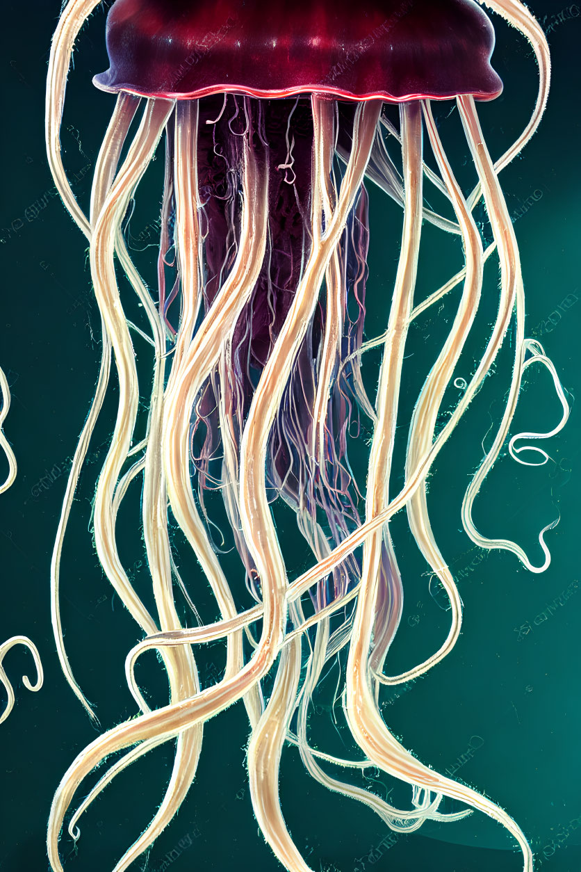 Deep Purple Bell Jellyfish with Long Translucent Tentacles on Dark Green Background