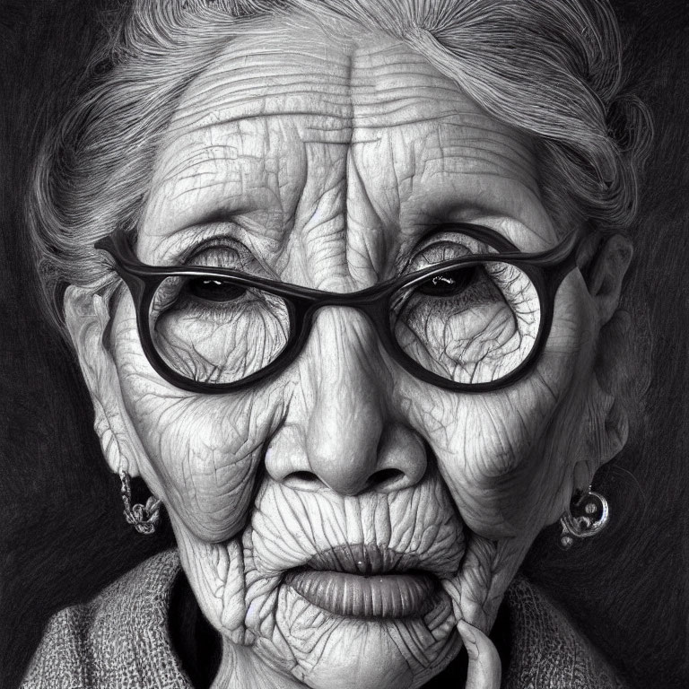 Detailed Black and White Drawing of Elderly Woman with Glasses and Thoughtful Expression