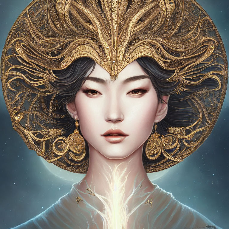 Digital artwork of woman with golden headwear and ethereal glow