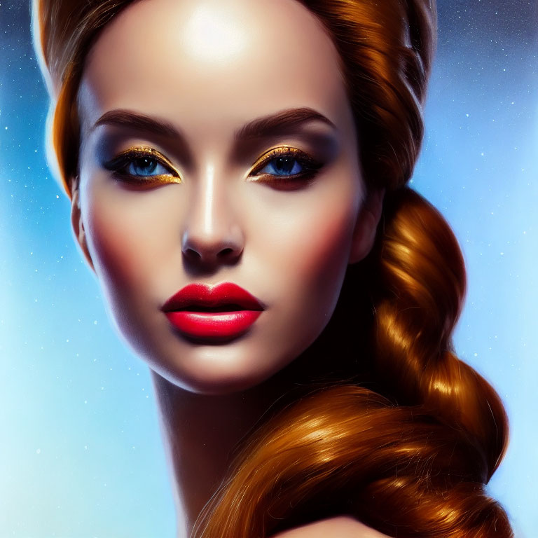 Portrait of Woman with Braided Hair, Gold Eyeshadow, and Red Lips on Blue Background