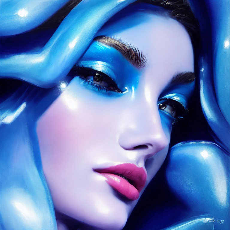 Futuristic digital art of a woman with vibrant blue hair and striking makeup