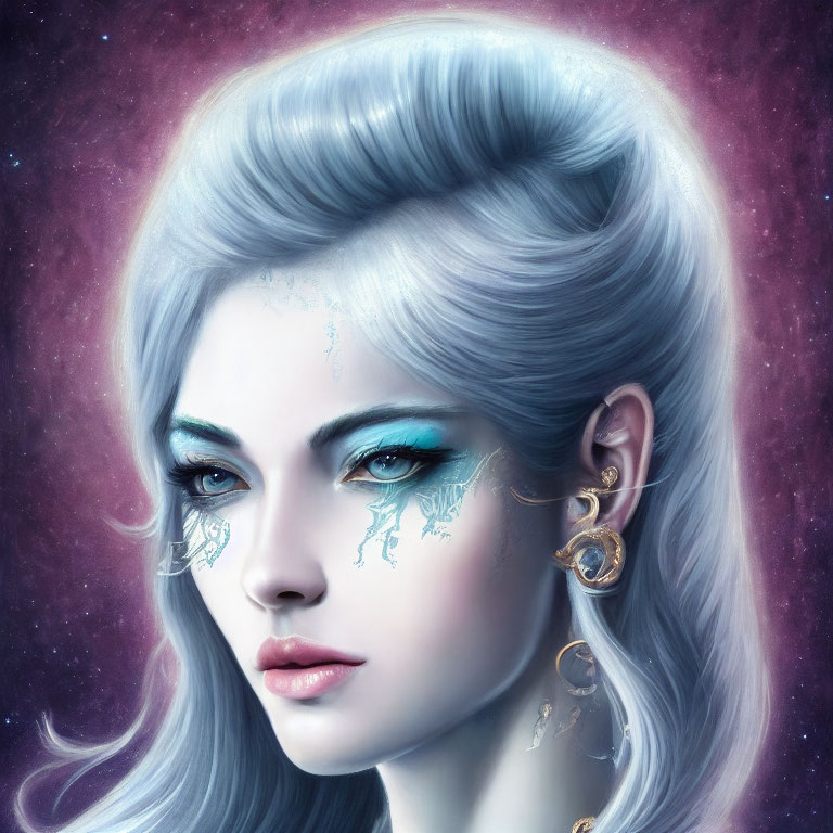 Pale-skinned woman with beehive white hair and celestial ice-crystal makeup