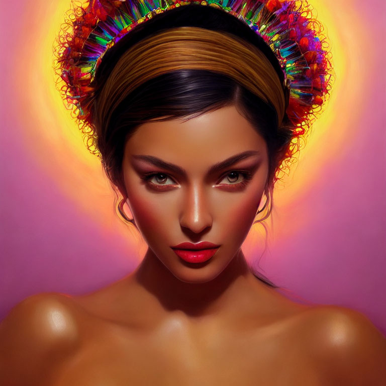 Colorful headdress and striking makeup on woman against purple background.