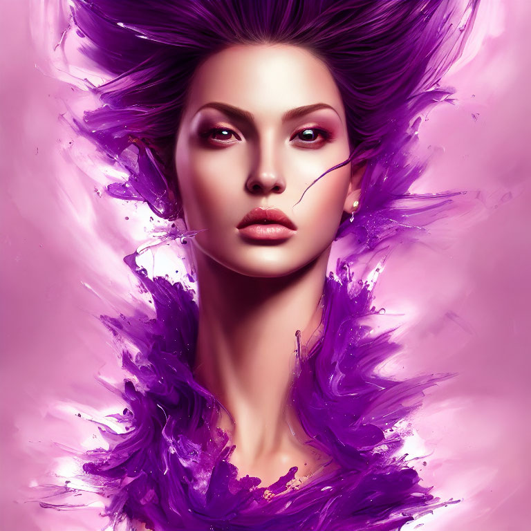 Digital artwork: Woman with flowing purple hair on pink background