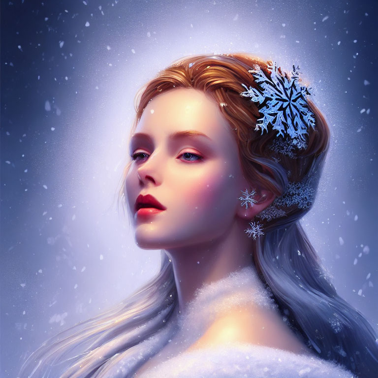 Digital painting of woman with snowflake decorations in hair, surrounded by frosty aura in wintry scene