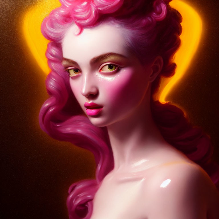 Digital artwork featuring person with pink wavy hair, golden eyes, and radiant skin against warm glowing background