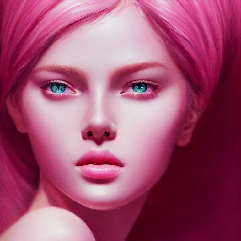 Digital Art Portrait of Woman with Pink Hair and Blue Eyes on Monochromatic Background