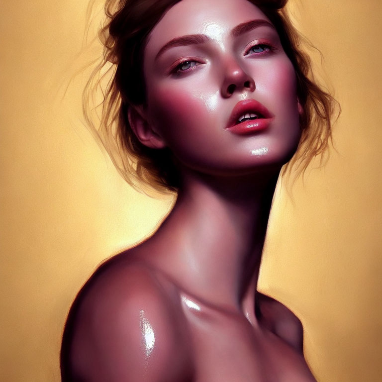 Digital painting: Woman with glowing skin, prominent cheekbones, tousled hair on warm background