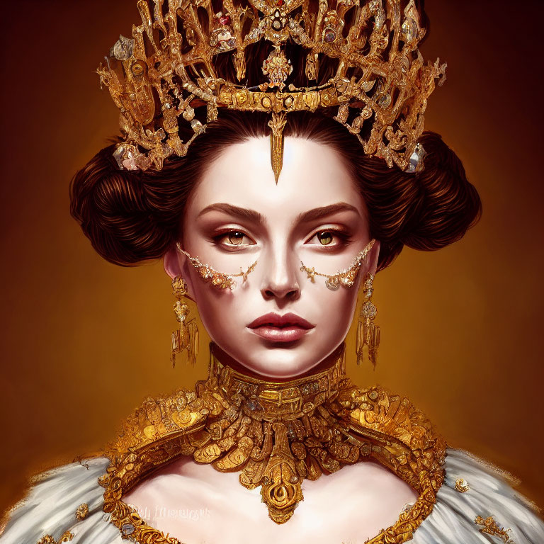 Regal woman adorned in golden crown and jewelry on warm-toned background