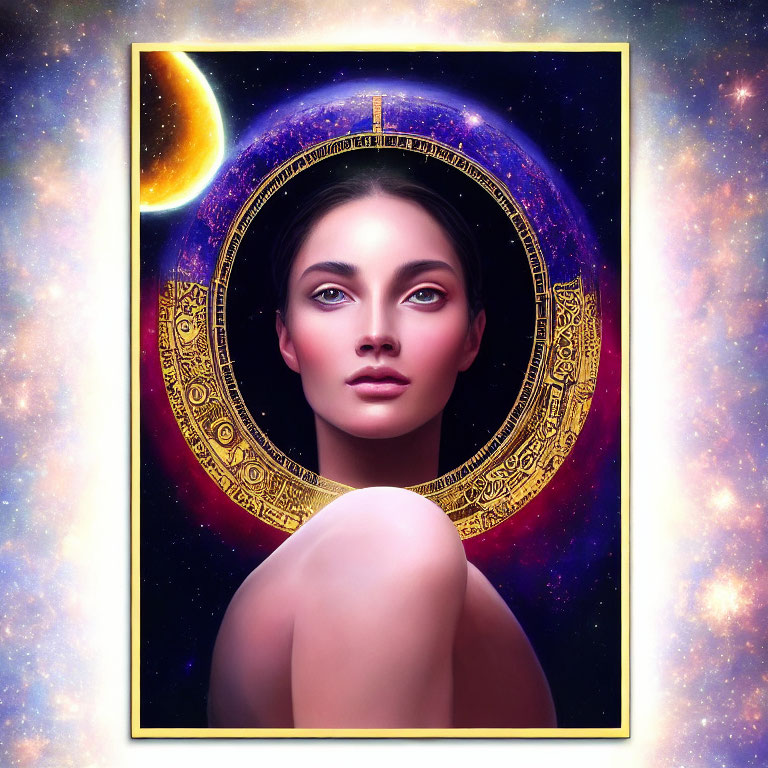 Celestial Woman with Golden Halo in Cosmic Setting