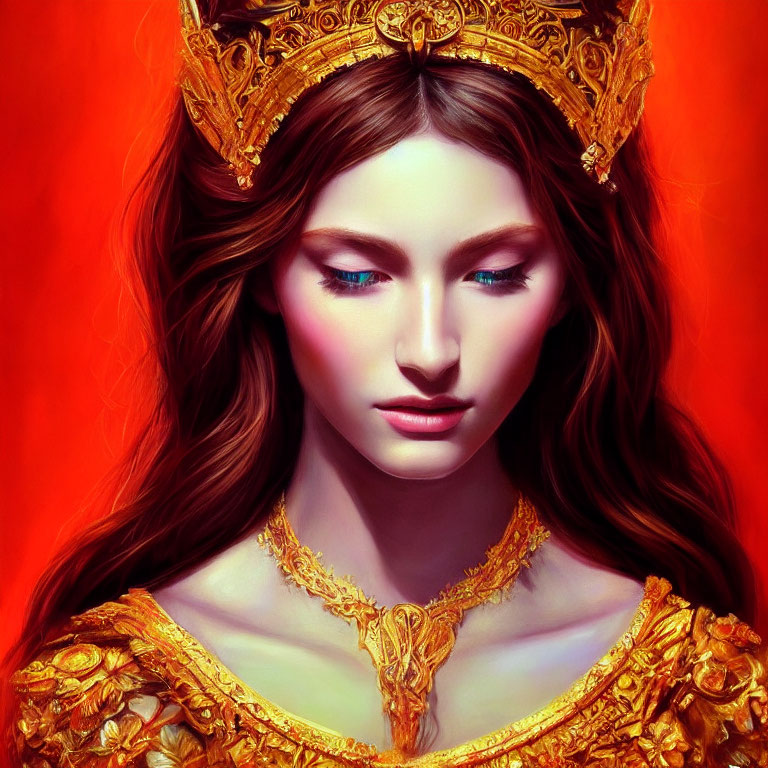 Regal woman portrait with golden crown on red backdrop