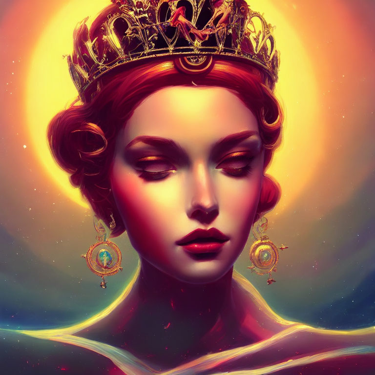 Regal woman with golden crown and serene expression