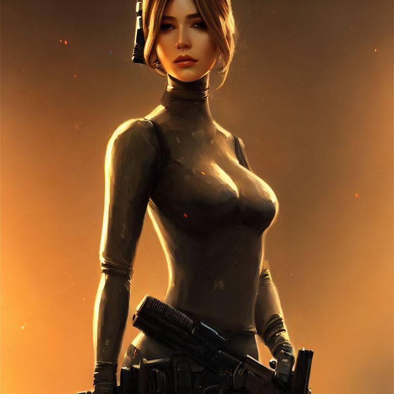 Female character in futuristic attire with gun on warm backdrop