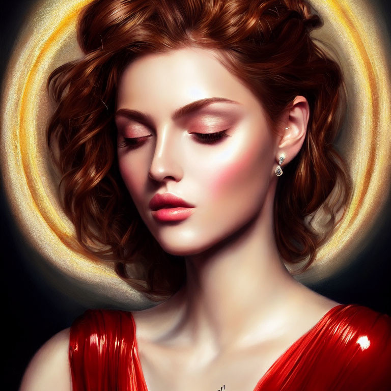 Red-haired woman in shiny dress with halo glow illustration