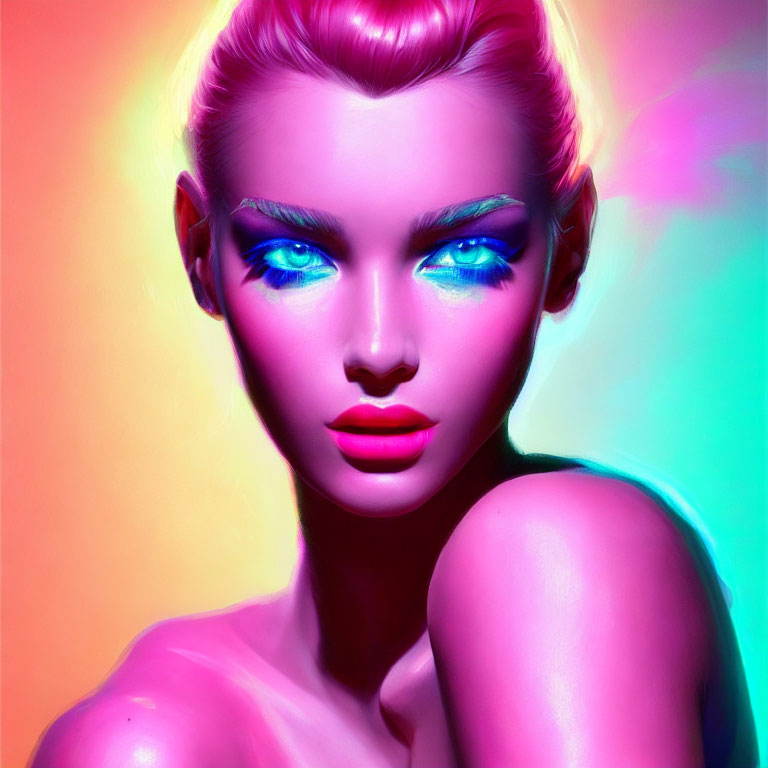 Vibrant pink hair woman portrait on neon background