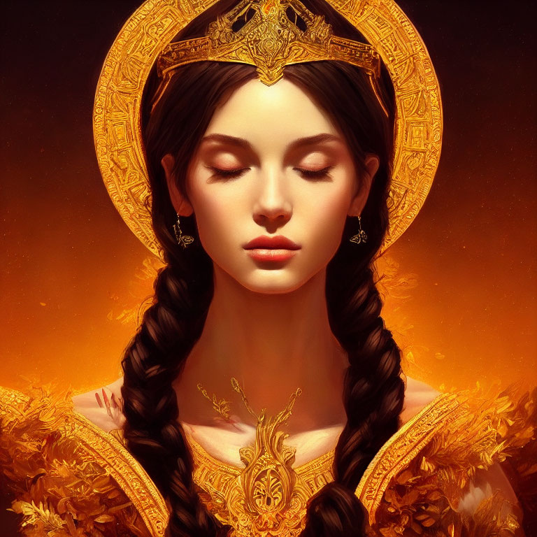 Regal Woman with Braided Hairdo and Golden Headpiece