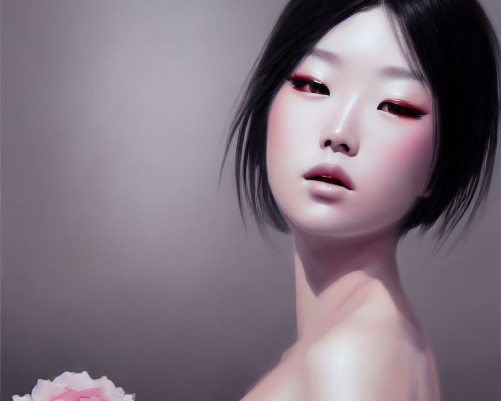 Digital illustration: Woman with black hair, red eyeshadow, pink flower.