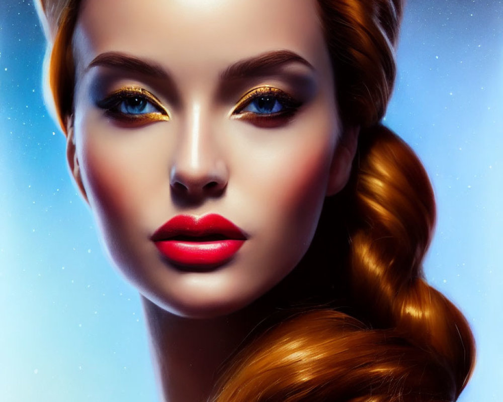 Portrait of Woman with Braided Hair, Gold Eyeshadow, and Red Lips on Blue Background