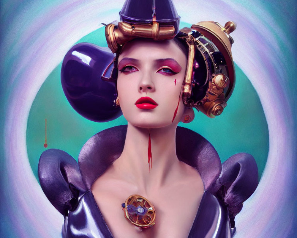 Futuristic steampunk-inspired digital artwork of a woman with brass headwear and purple tones