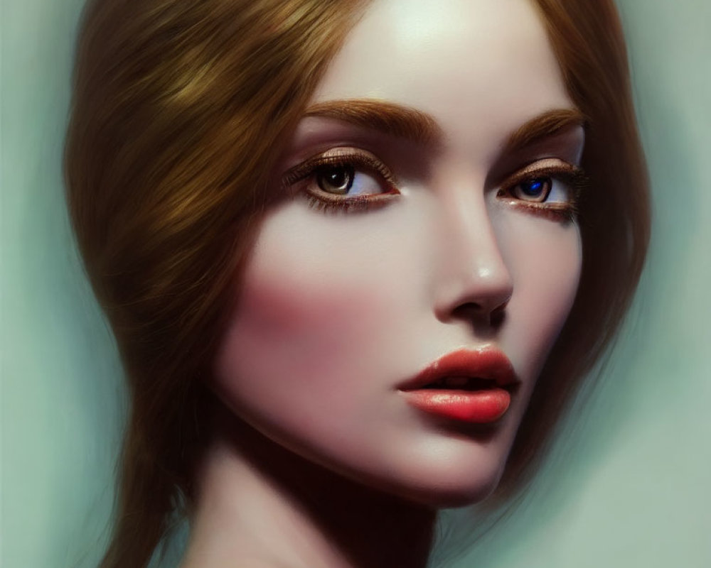 Portrait of woman with fair skin, blue eyes, red lips, and wavy brown hair gazes