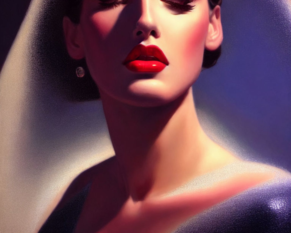 Detailed portrait of woman with red lips and sharp eyebrows in moody setting