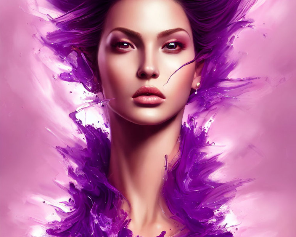 Digital artwork: Woman with flowing purple hair on pink background