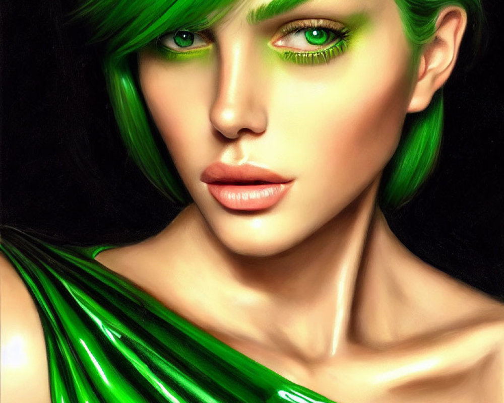 Woman with Green Hair and Matching Eyeshadow in Digital Art