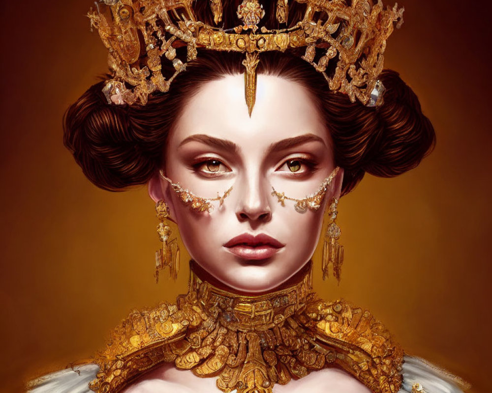 Regal woman adorned in golden crown and jewelry on warm-toned background