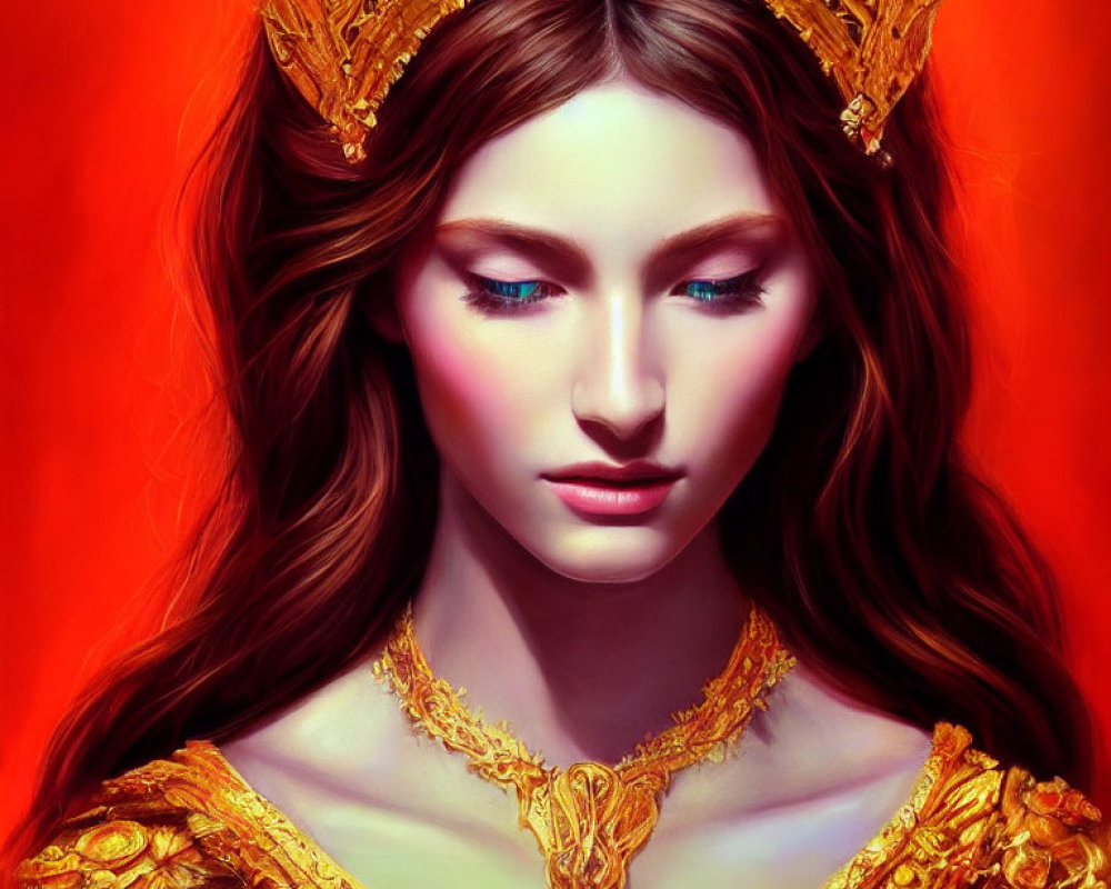 Regal woman portrait with golden crown on red backdrop